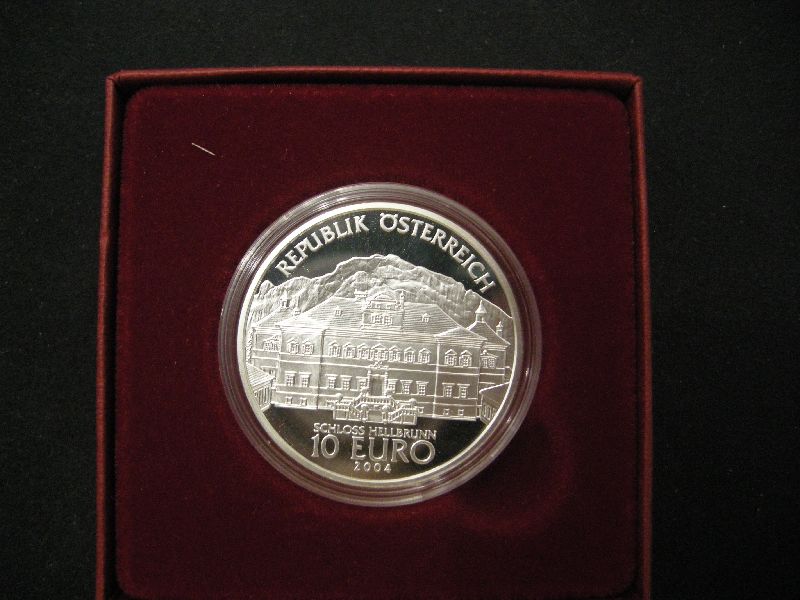 10 euromunt Oostenrijk 2004 Proof Schloss Hellbrunn in cassette (afbeelding voor) 10 euromunt Oostenrijk 2004 Proof Schloss Hellbrunn in cassette